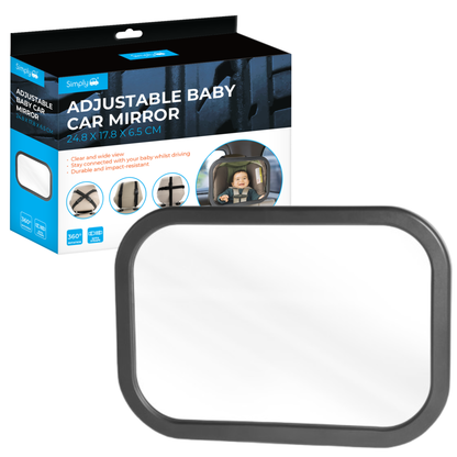 Simply Auto adjustable rear-facing baby mirror attached to a car’s back seat headrest, allowing the driver to see a rear-facing infant in a car seat
