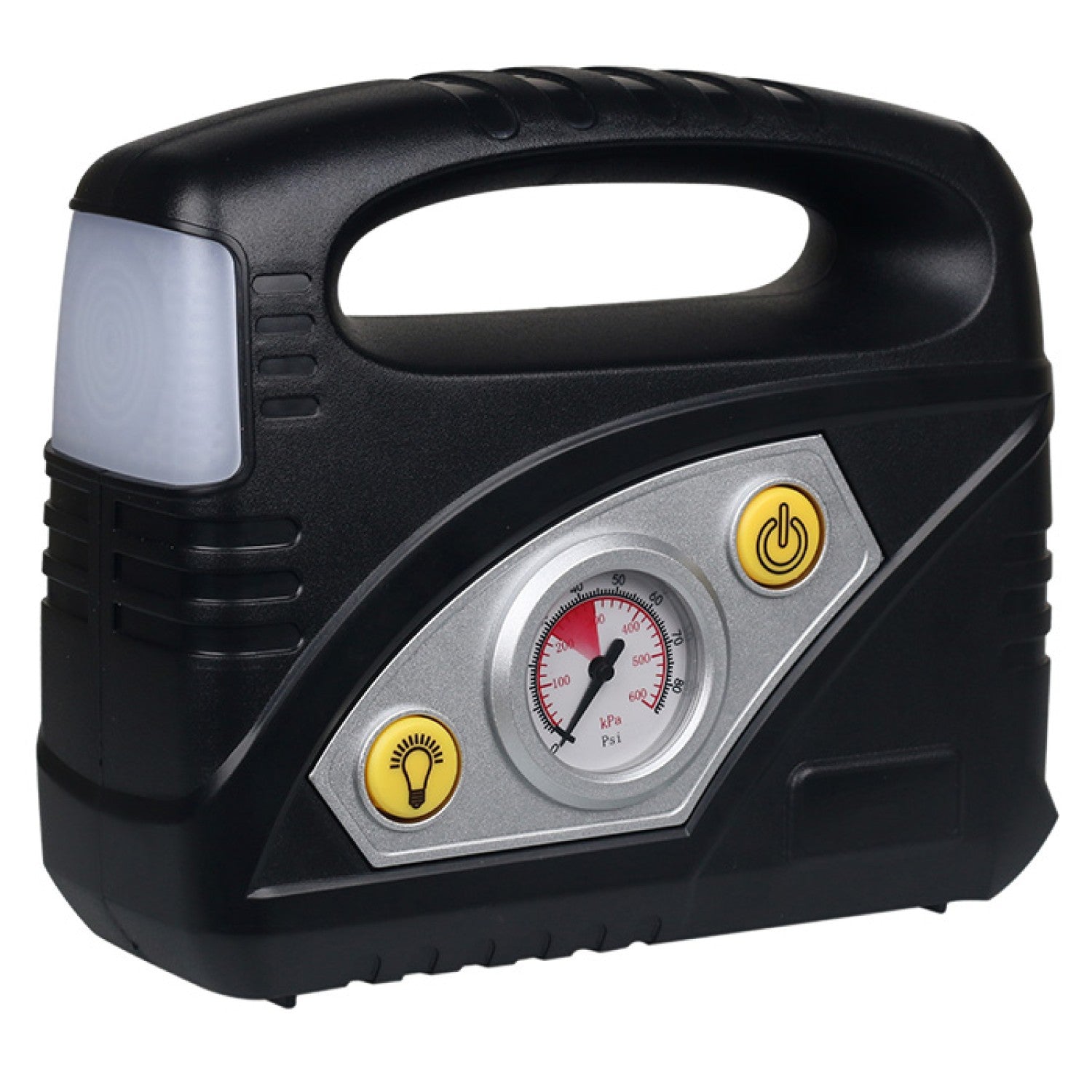 Black analogue compact air compressor with pressure gauge and buttons on a white background