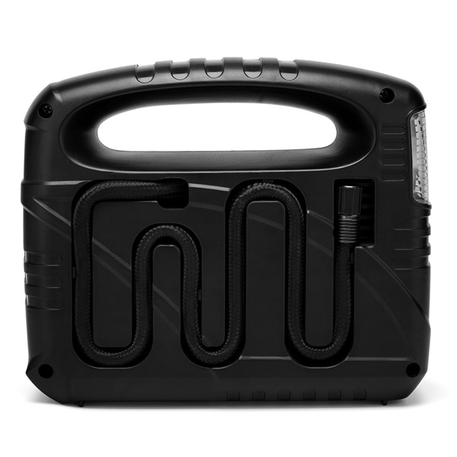 Black analogue compact air compressor with pressure gauge and buttons on a white background