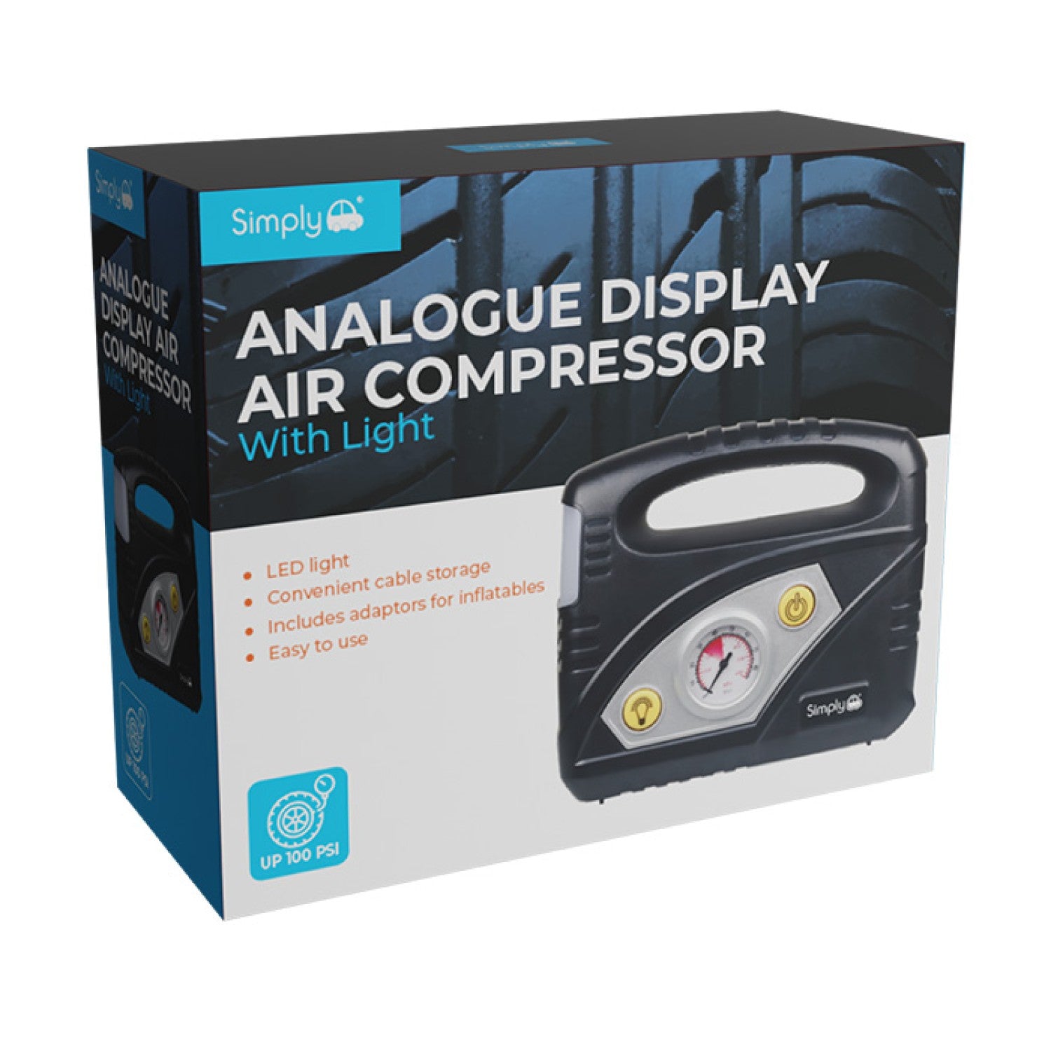Box of an analogue compact display air compressor with light on a white background