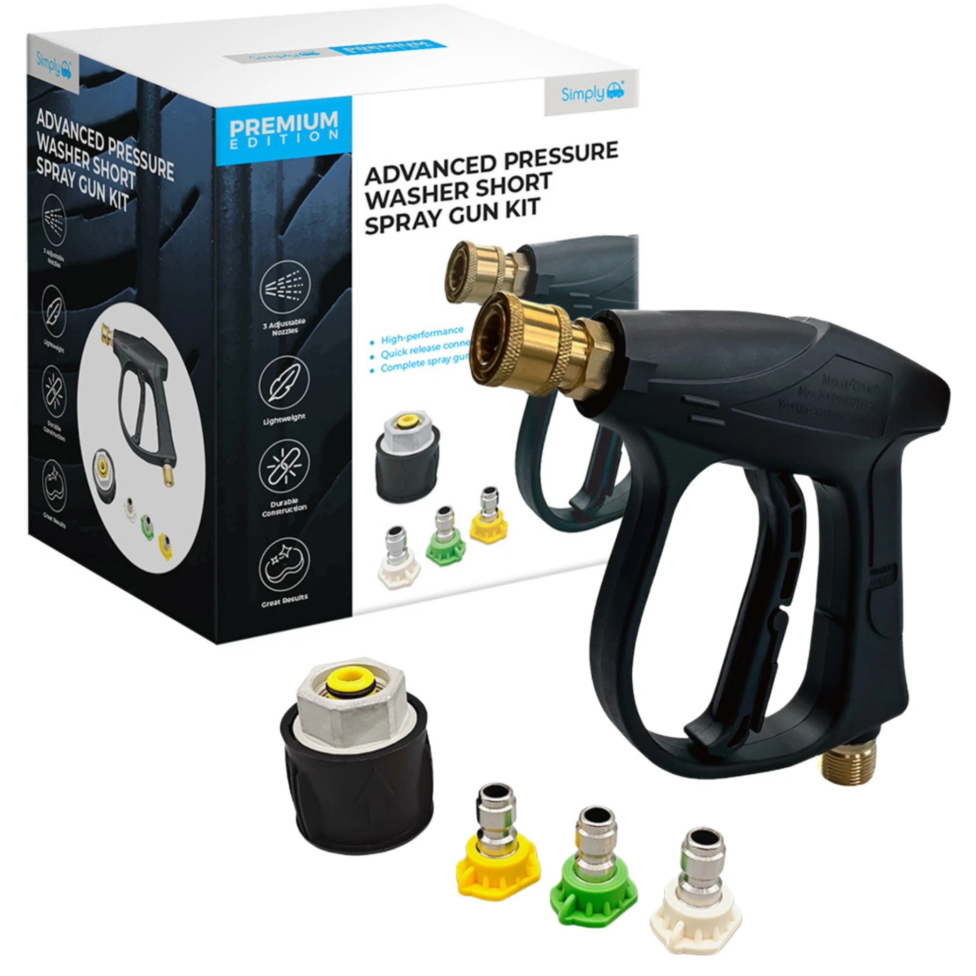 SIMPLY AUTO Advanced Pressure Washer Short Spray Gun Kit featuring a compact spray gun, quick-connect fittings, and durable components for high-pressure cleaning