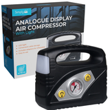 Compact car air compressor with analogue gauge and light, Simply Auto.