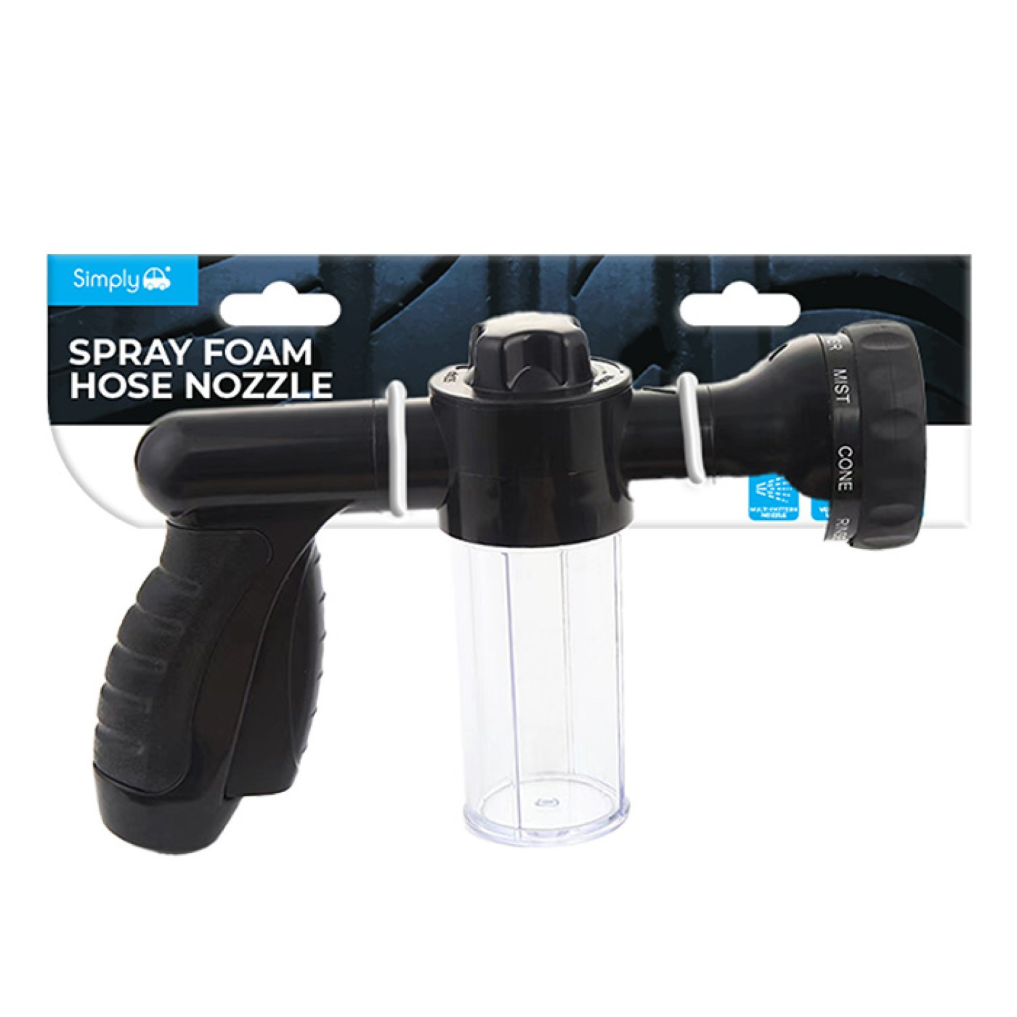 SIMPLY AUTO Spray Foam Hose Nozzle with ergonomic handle, adjustable spray settings, and built-in soap dispenser for easy car washing and outdoor cleaning
