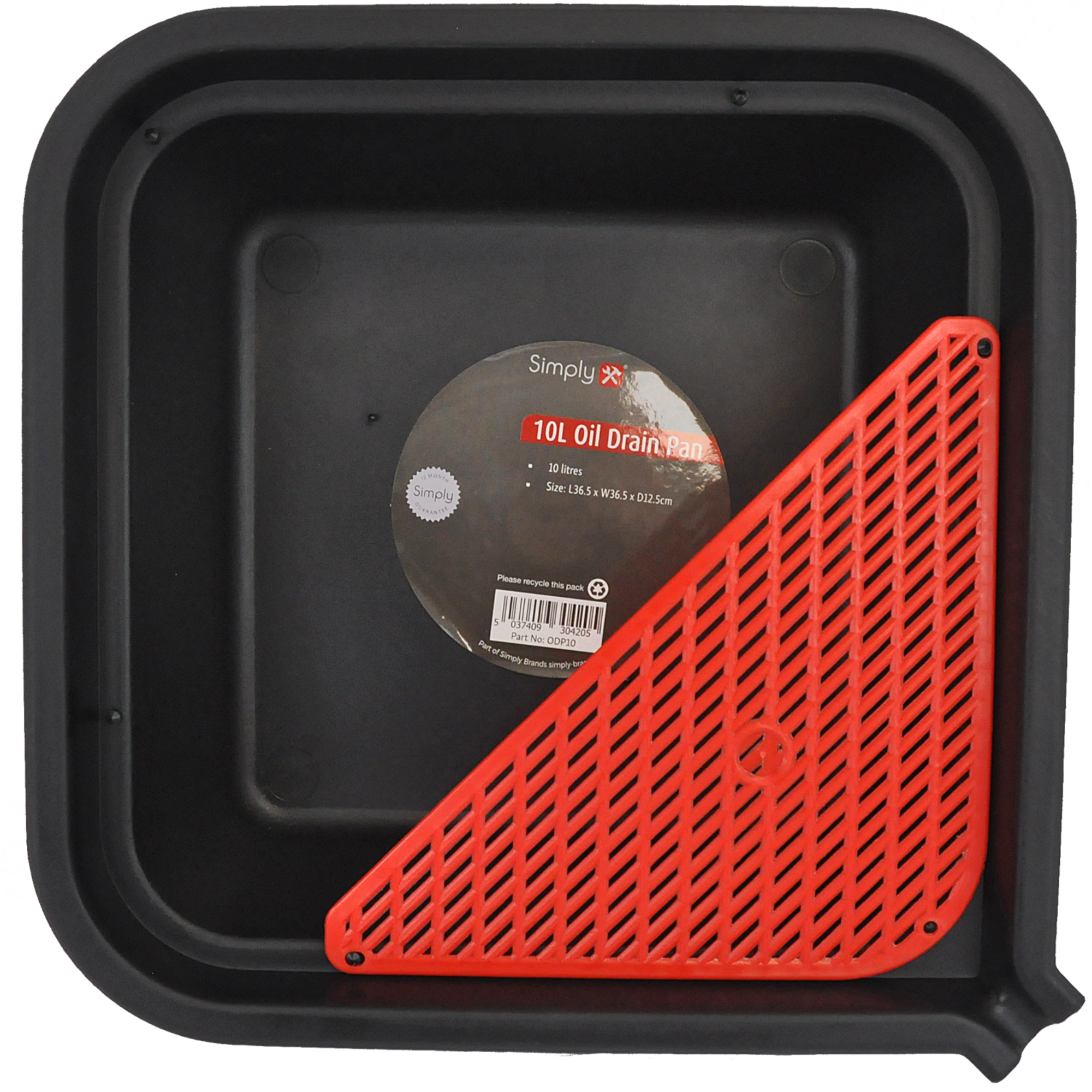Simply Tools 10L oil drain pan, a large black plastic container designed to catch and store used motor oil during vehicle maintenance