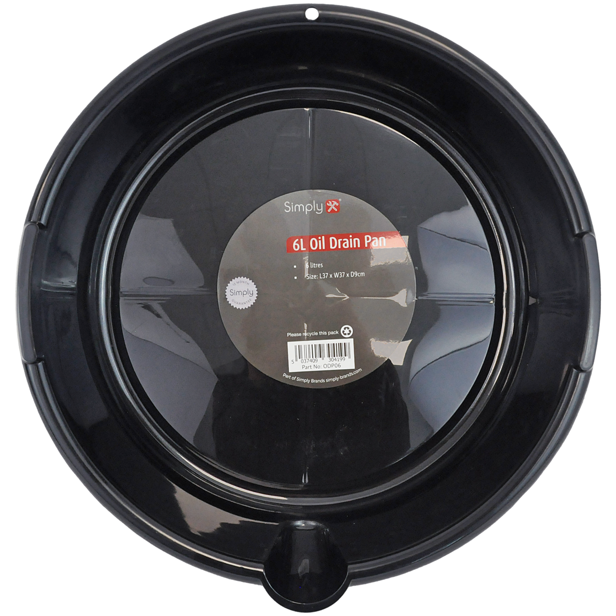Simply Tools 6L oil drain pan, a compact black plastic container designed to collect and dispose of used motor oil during vehicle maintenance