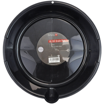 Simply Tools 6L oil drain pan, a compact black plastic container designed to collect and dispose of used motor oil during vehicle maintenance