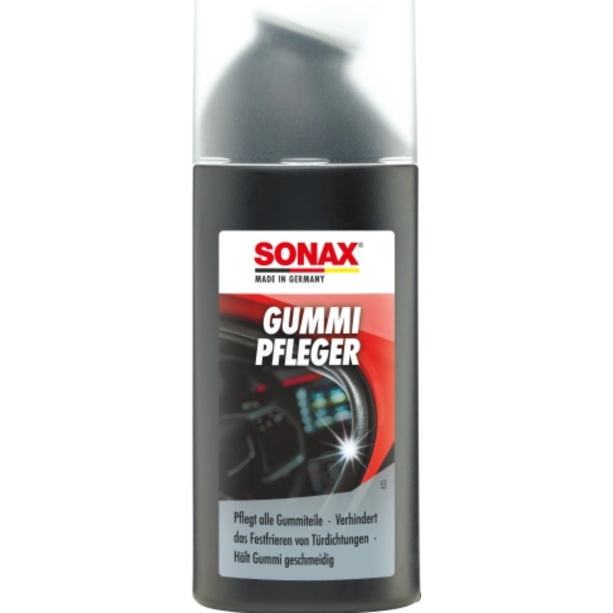 SONAX 03400000 Rubber Care 100ml bottle – a rubber treatment product designed to clean, protect, and maintain door seals and other rubber components