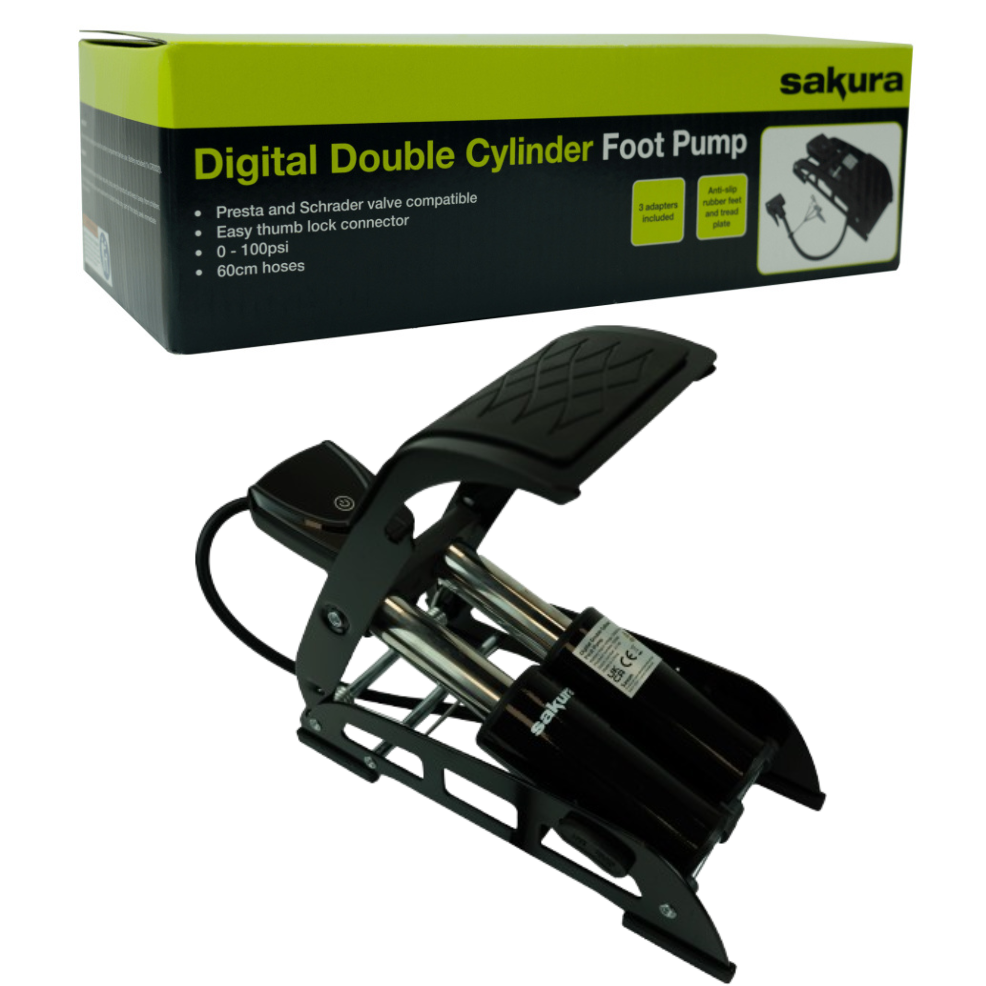 Sakura digital double cylinder foot pump featuring dual barrels and a built-in digital pressure gauge