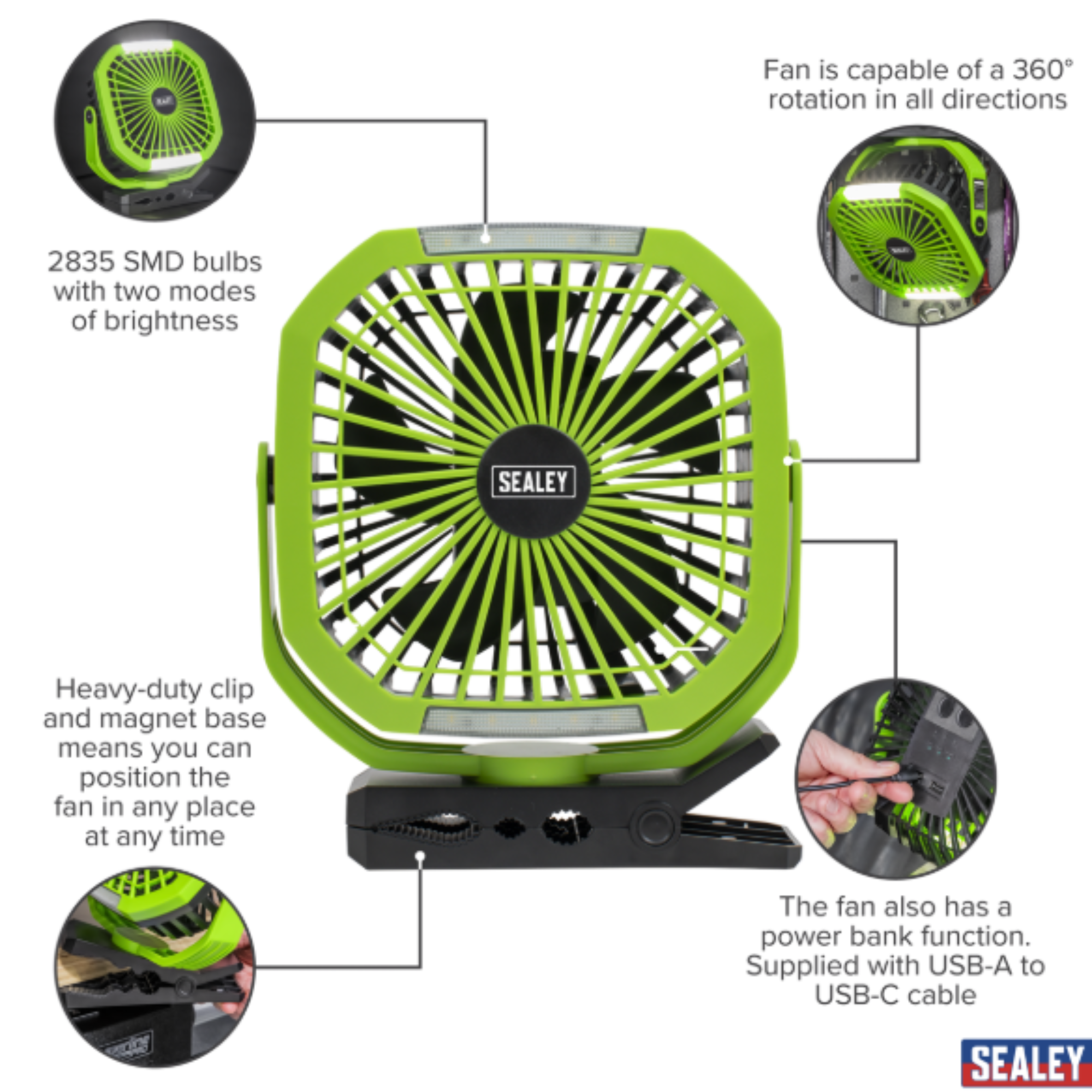 Sealey 8" Small Portable Clip Fan with Worklight 4-Speed