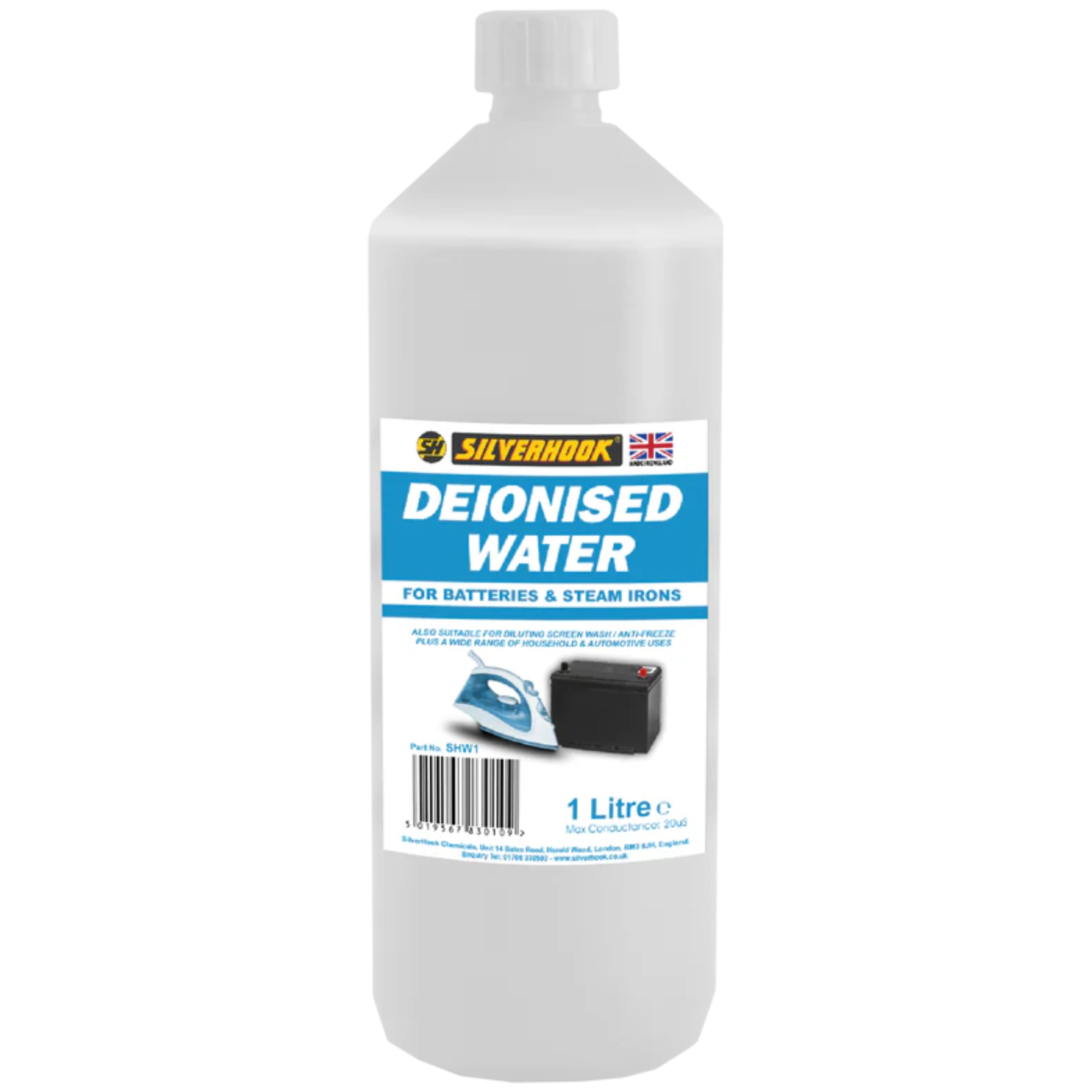 Silverhook de-ionised water in a 1 litre clear plastic bottle with screw cap