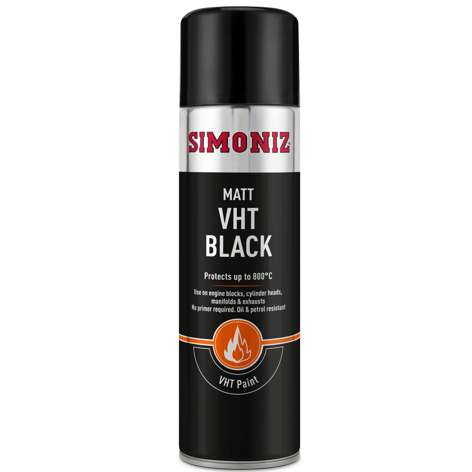 Simoniz VHT Matt Black Paint 500ml spray can, heat-resistant matt black paint for automotive and high-temperature applications.