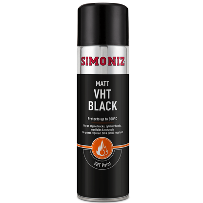 Simoniz VHT Matt Black Paint 500ml spray can, heat-resistant matt black paint for automotive and high-temperature applications.