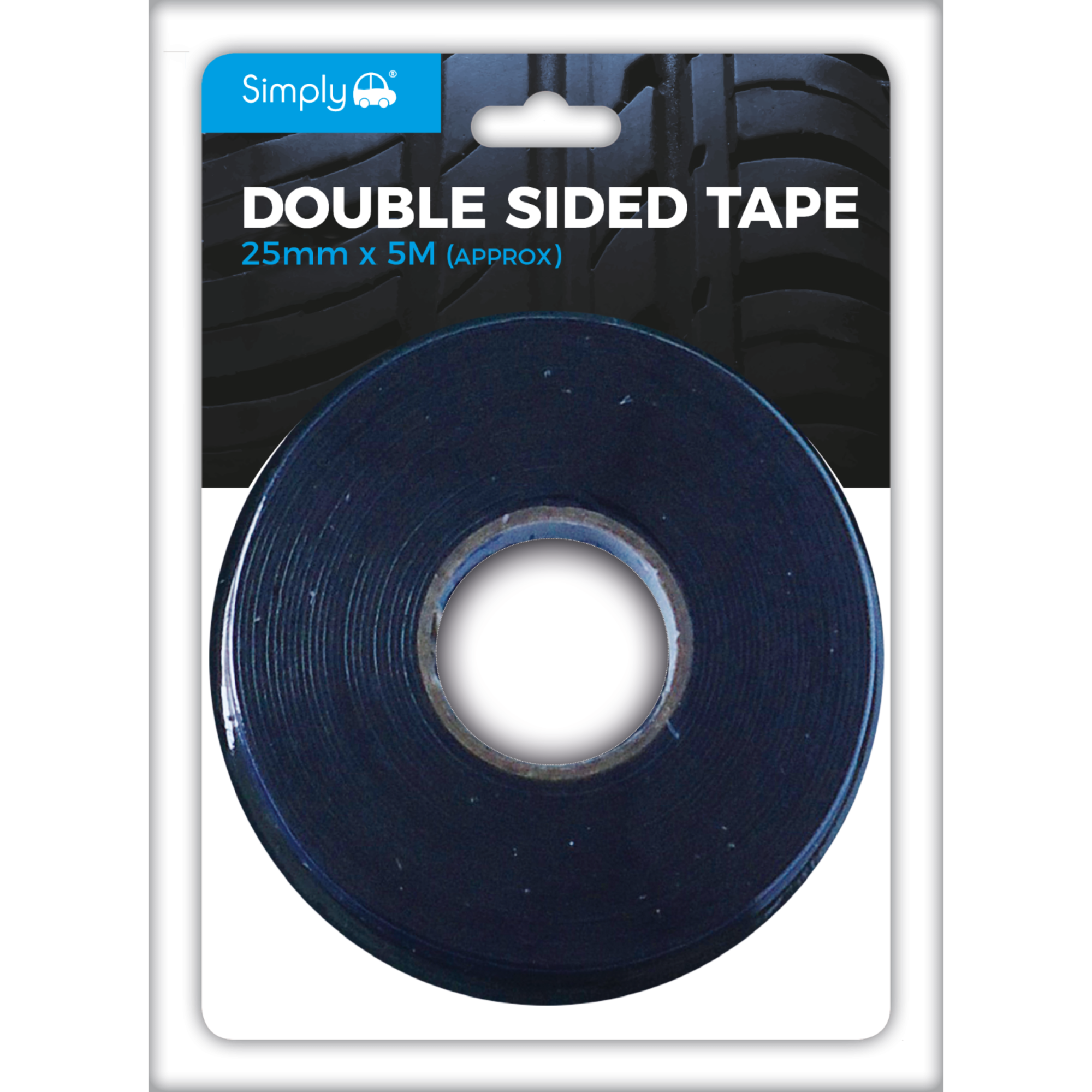Simply double-sided tape measuring 25mm wide by 5 meters long, ideal for mounting, crafting, and general-purpose bonding