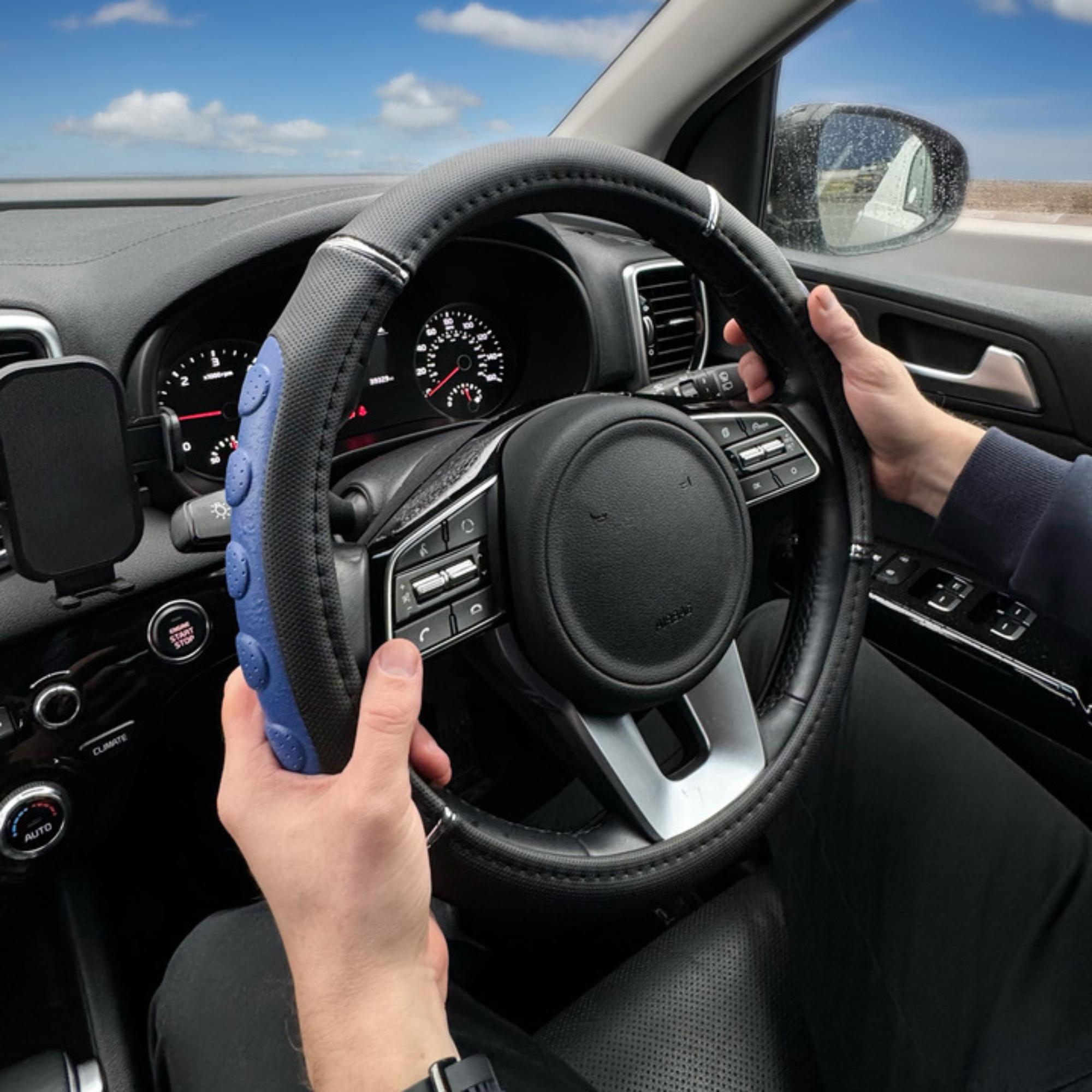 Simply Luxury Black and Blue Steering Wheel Cover; comfortable anti-slip steering wheel accessory for cars
