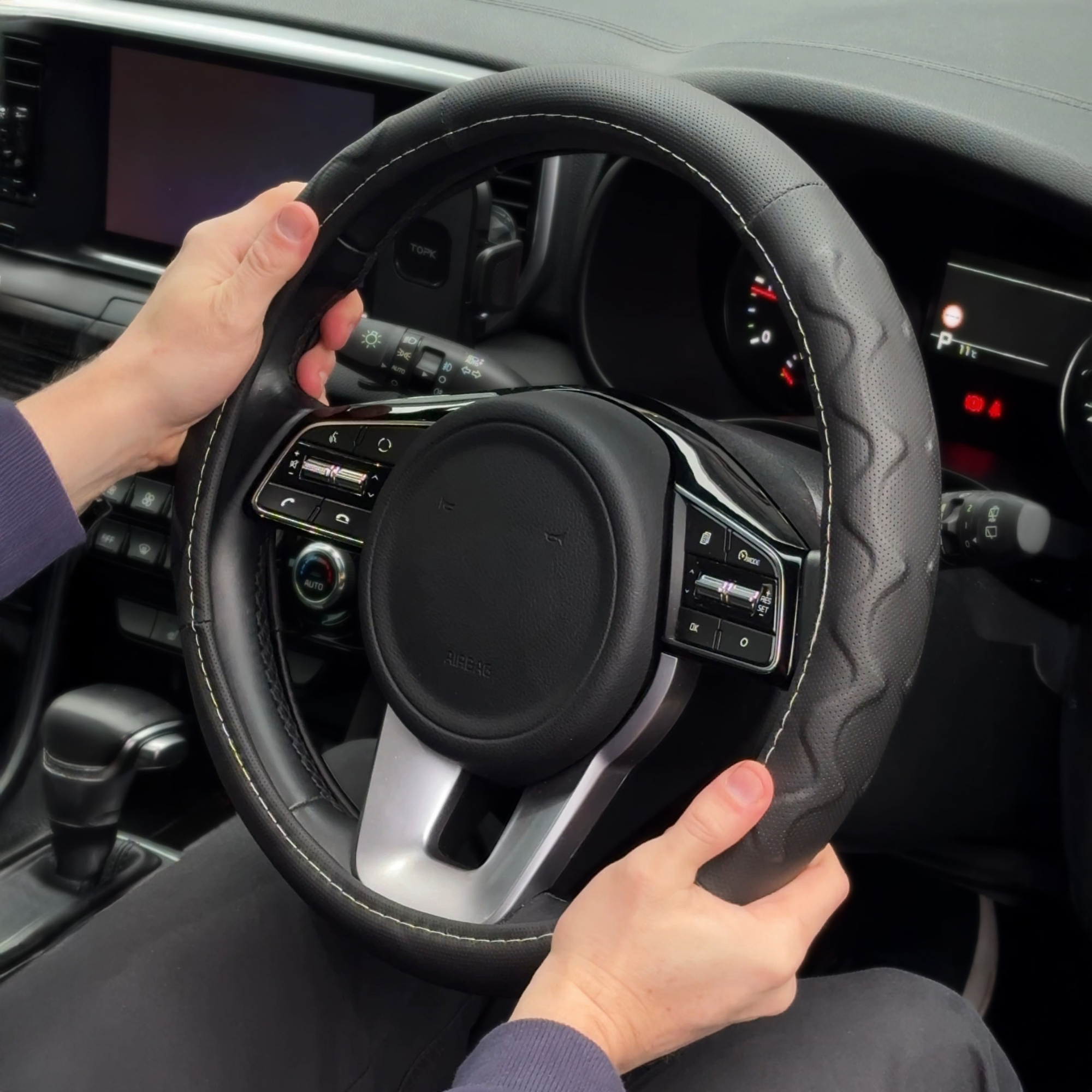 Sports Grip Black & White Steering Wheel Cover; anti-slip, comfortable cover for cars and vans