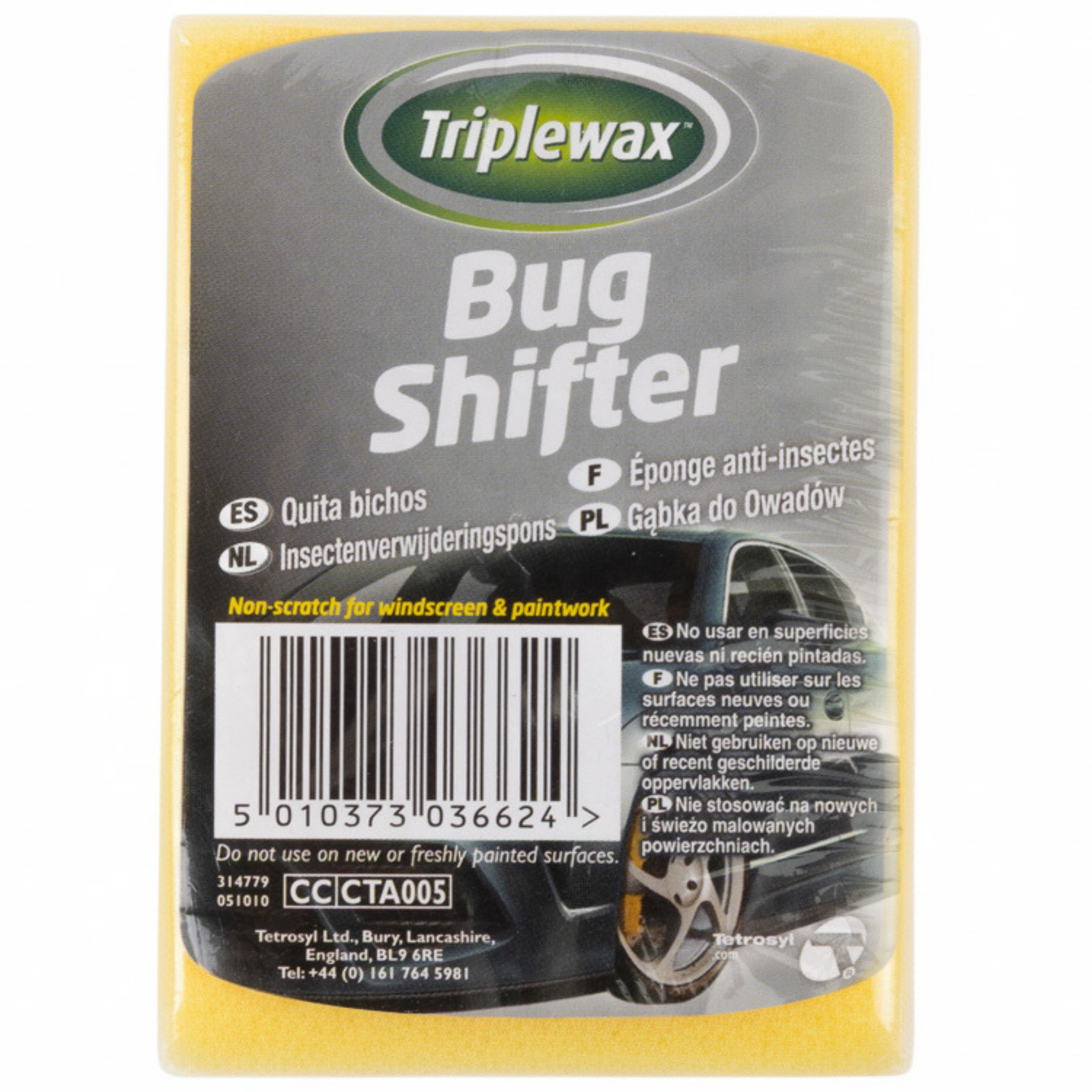 Triplewax Bugshifter Sponge with textured surface designed to remove bugs, tar, and tough grime from vehicle exteriors.