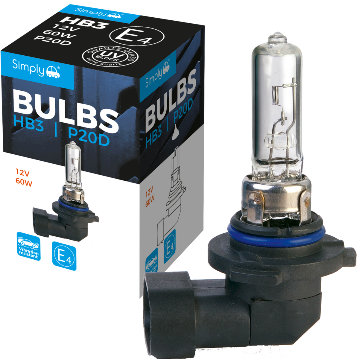 Simply HB3 12V 60W Halogen Headlight Bulb; replacement automotive headlight for cars and vans