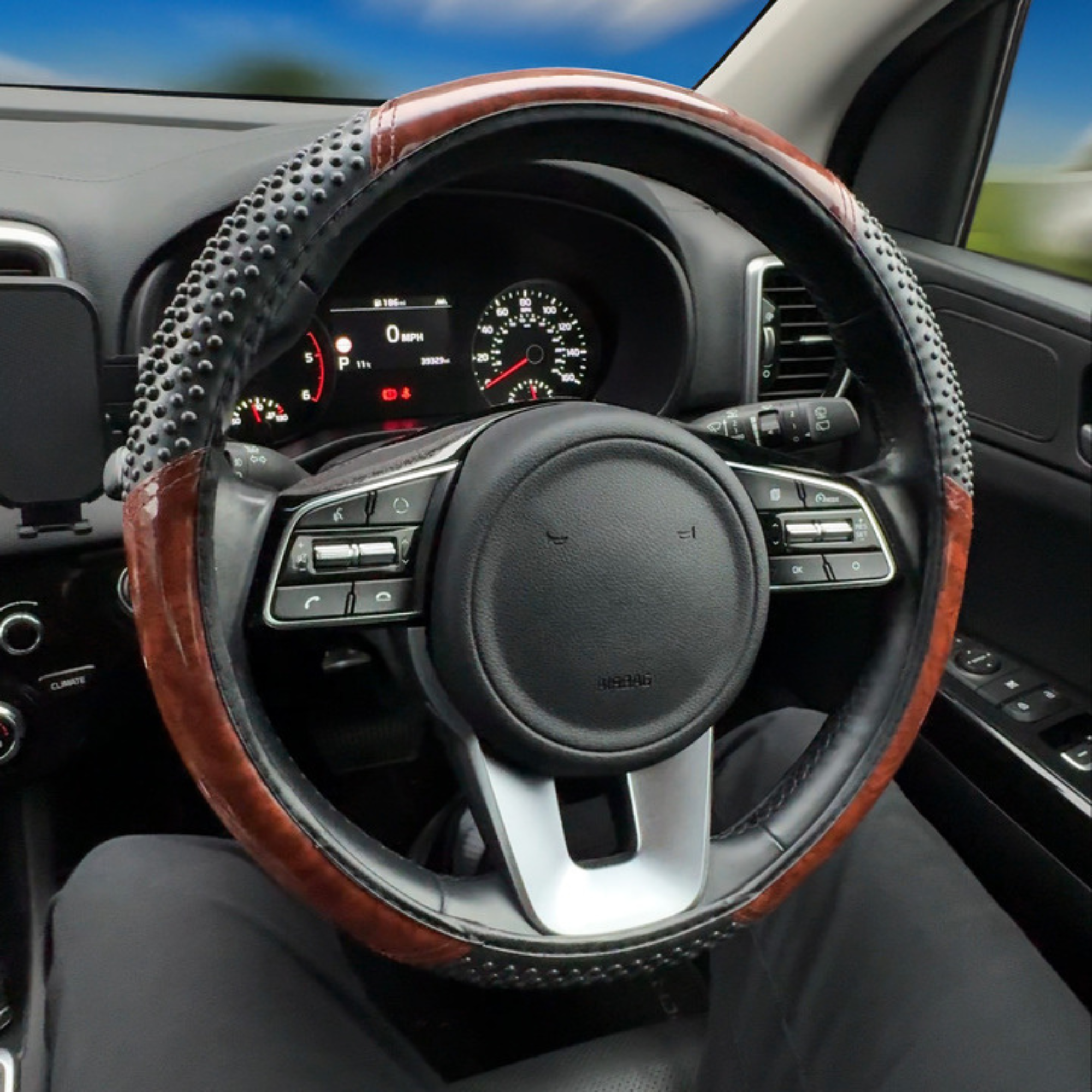 Simply Black and Wood Steering Wheel Cover; premium car steering wheel protector with stylish wood effect and soft grip