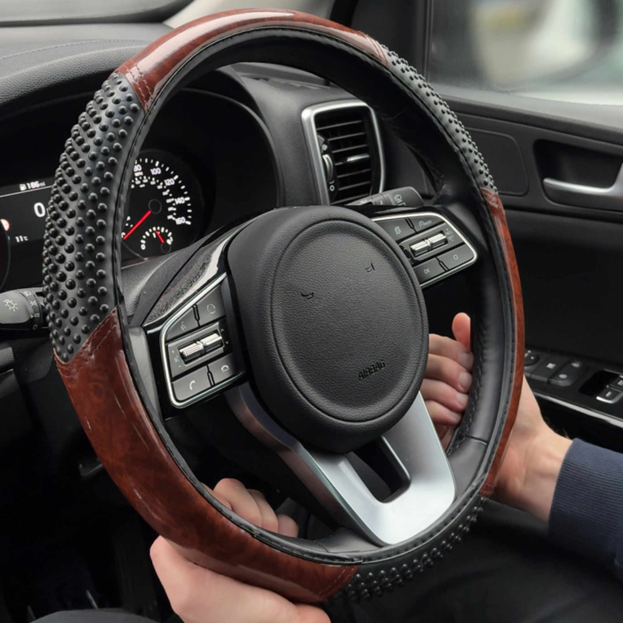 Simply Black and Wood Steering Wheel Cover; premium car steering wheel protector with stylish wood effect and soft grip