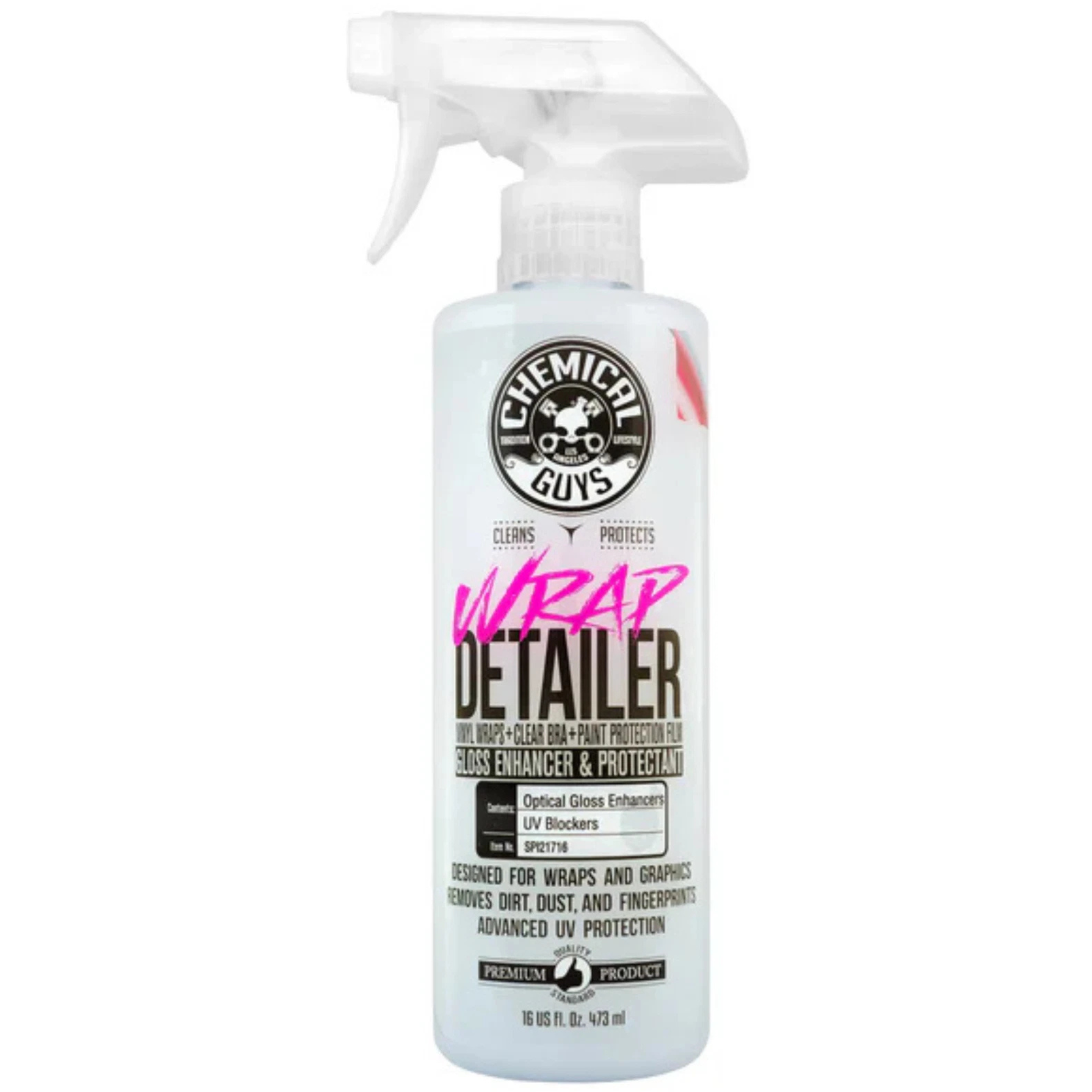 16 fl. oz. bottle of Wrap Detailer Gloss Enhancer and Protectant for vinyl wraps, designed to clean, shine, and protect wrapped vehicle surfaces.