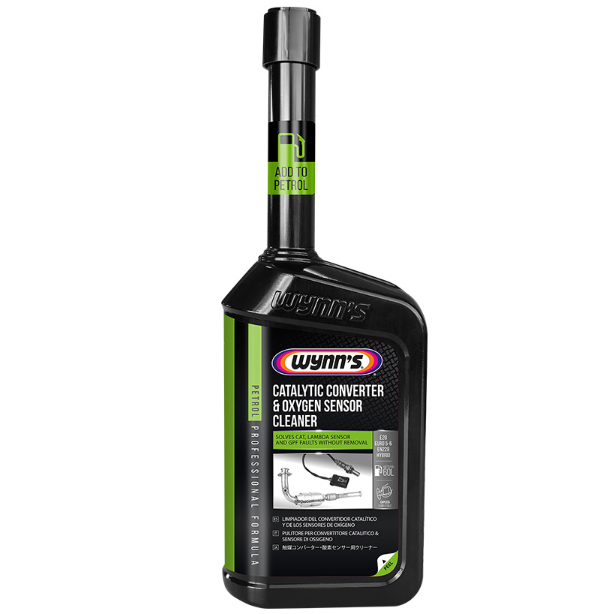 500ml can of Wynn’s Catalytic Converter & Oxygen Sensor Cleaner, formulated to clean and restore the efficiency of catalytic converters and oxygen sensors in petrol engines.