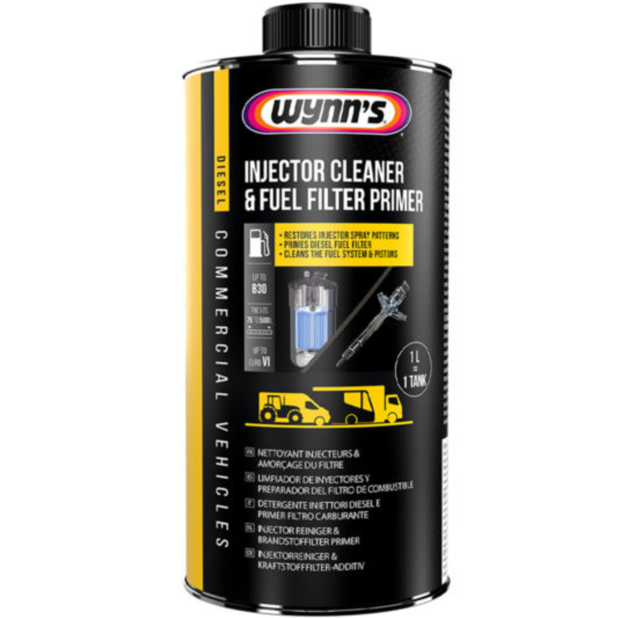 Wynn's Commercial Vehicle Injector Cleaner & Filter Primer 1L – a one-liter bottle designed for diesel engines in commercial vehicles, featuring a labeled front with product branding and usage instructions.