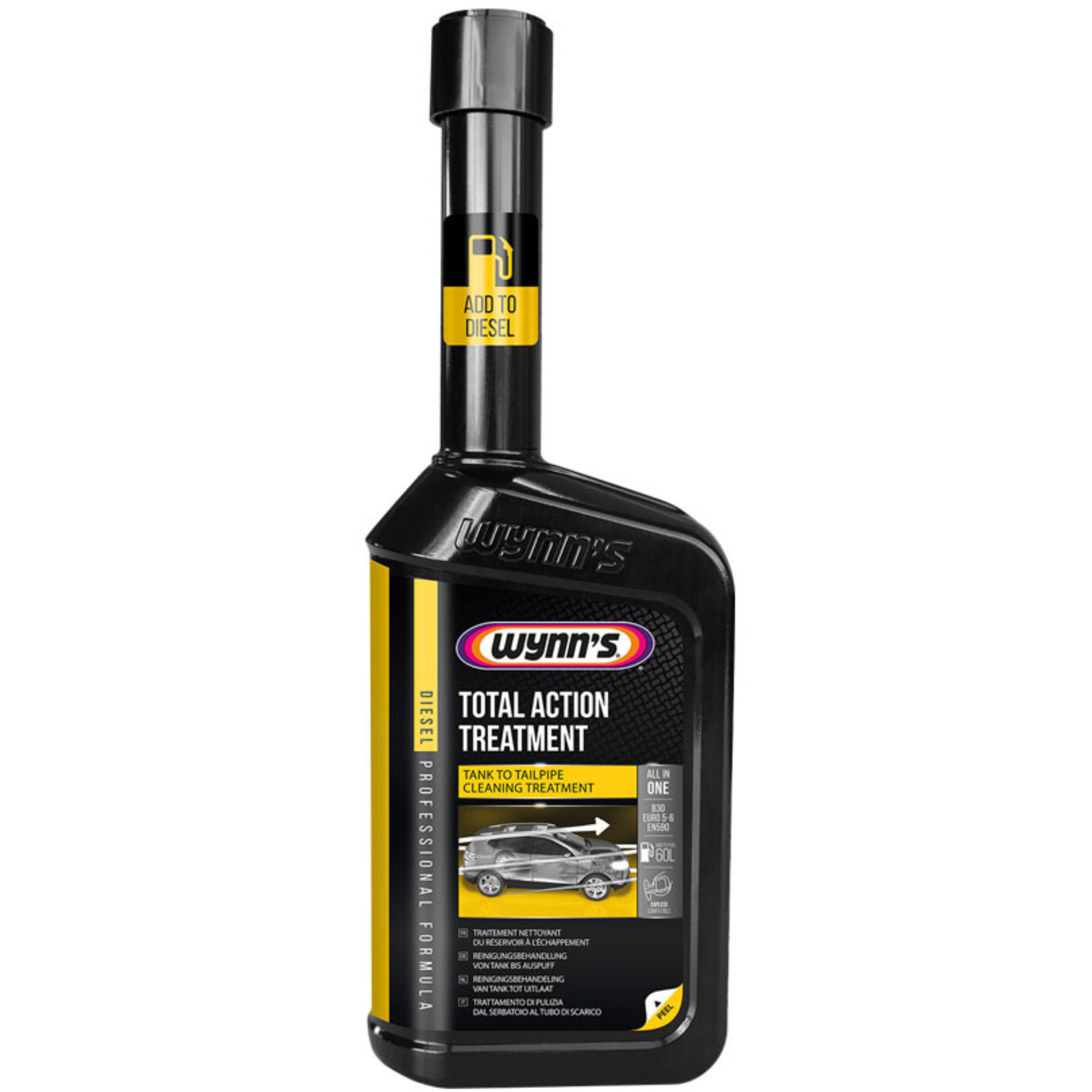 Wynn's Diesel Total Action Treatment 500ml bottle – a multi-functional diesel additive designed to clean the fuel system, improve combustion, and reduce emissions. with a long neck for easy pouring.