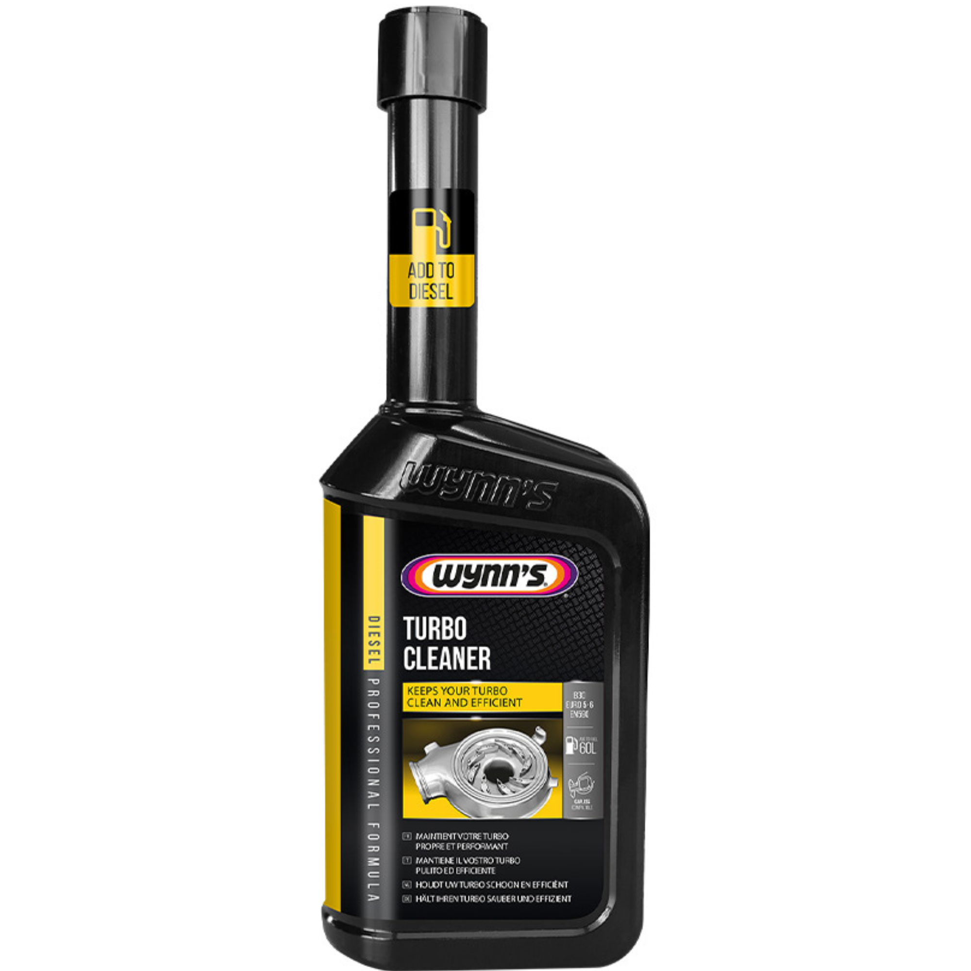 Wynn's Diesel Turbo Cleaner 500ml aerosol can – a powerful cleaning solution designed to dissolve carbon and soot deposits in diesel turbochargers, improving engine performance. Features a purple and silver can with a spray nozzle
