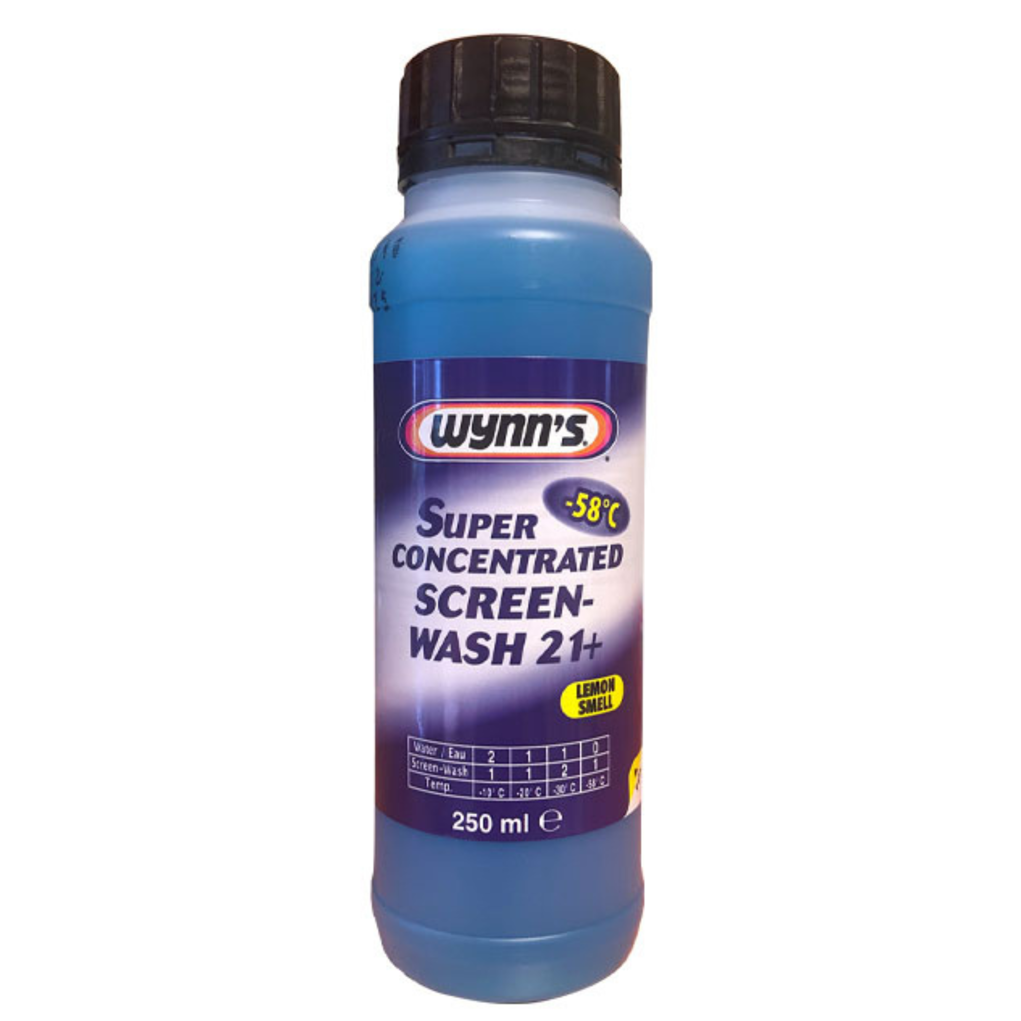 Wynn's Super Concentrated Screen Wash 21+ (-58°C) 250ml – a powerful, lemon-scented windshield washer fluid designed to clean windscreens and prevent freezing in extreme cold. 