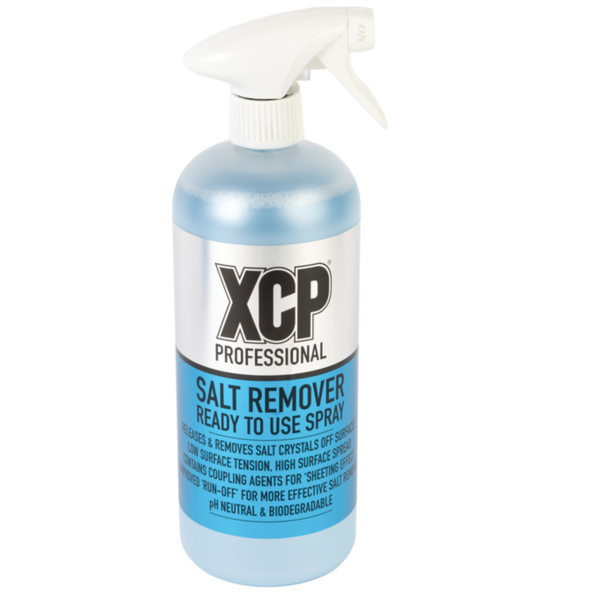 Bottle of XCP Salt Remover Ready-to-Use 1L — a cleaning solution designed to remove salt deposits from metal, vehicles, and marine equipment