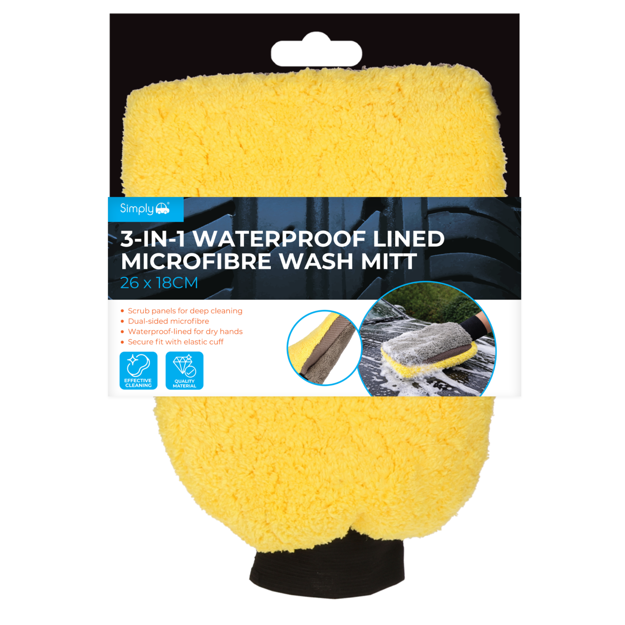SIMPLY 3-1 Waterproof Lined Microfibre Wash Mitt 26x18cm