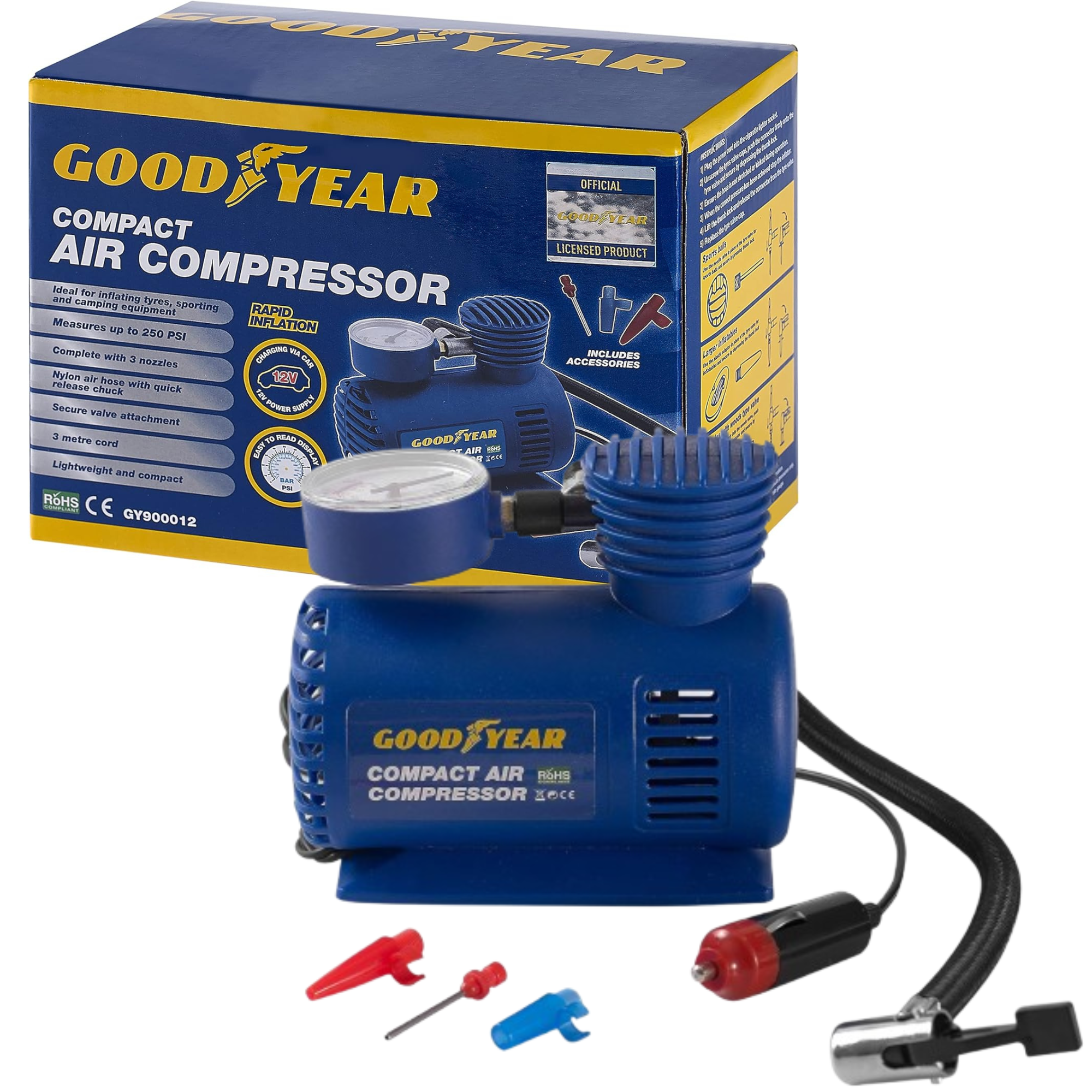 Goodyear Mini Air Compressor 12V Inflator for Tires Sports Balls Camping Gear