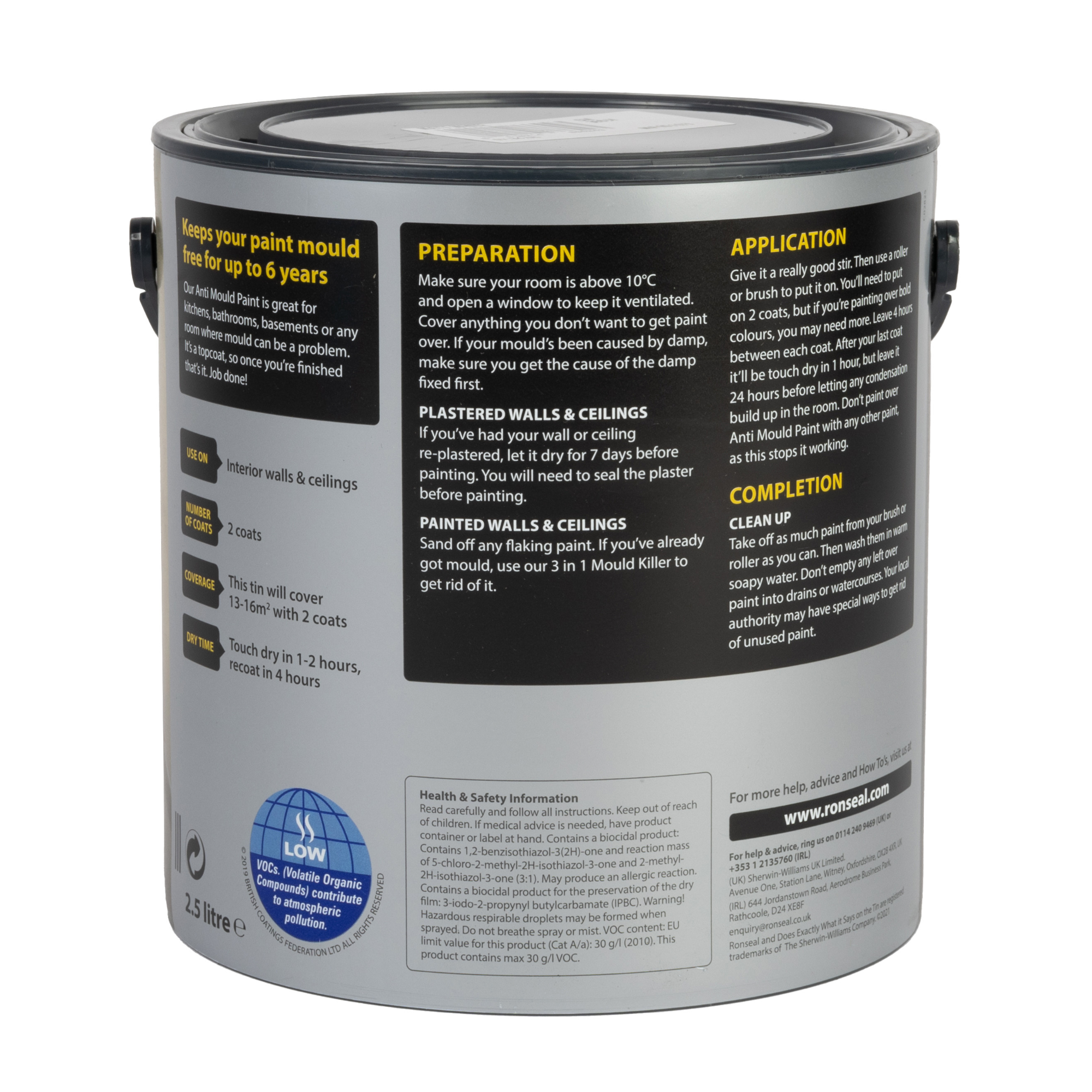 RONSEAL 6 Year Anti Mould Paint White Matt 2.5 Litre