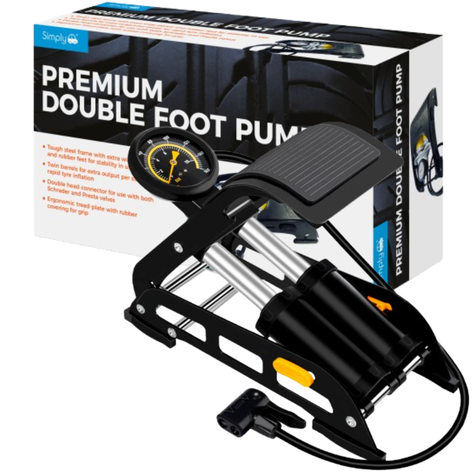 Simply Auto Premium Double Barrel Foot Pump with Gauge 160 PSI 3 Valve Adaptors