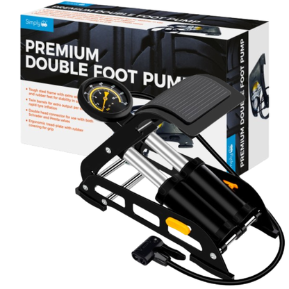 Simply Auto Premium Double Barrel Foot Pump with Gauge 160 PSI 3 Valve Adaptors