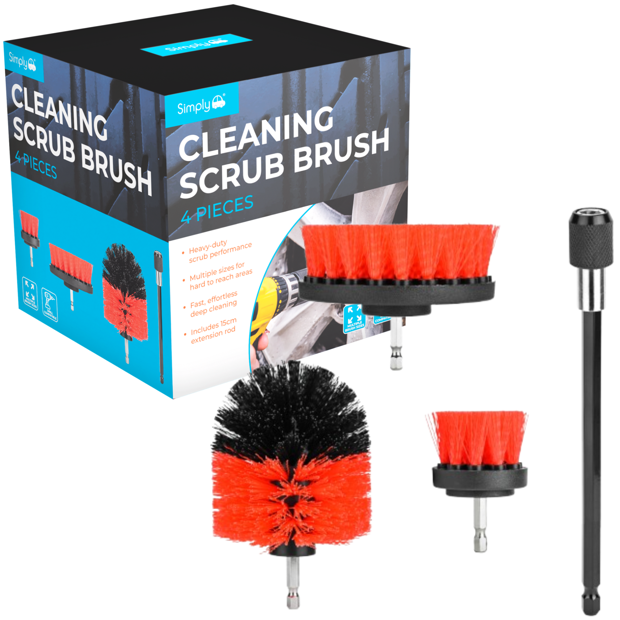 Simply Auto 4 Piece Scrub Brush Cleaning Kit for Electric Drills Durable Set