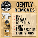 Leather cleaner 16 fl. oz., colorless, odorless, gentle on car interiors.