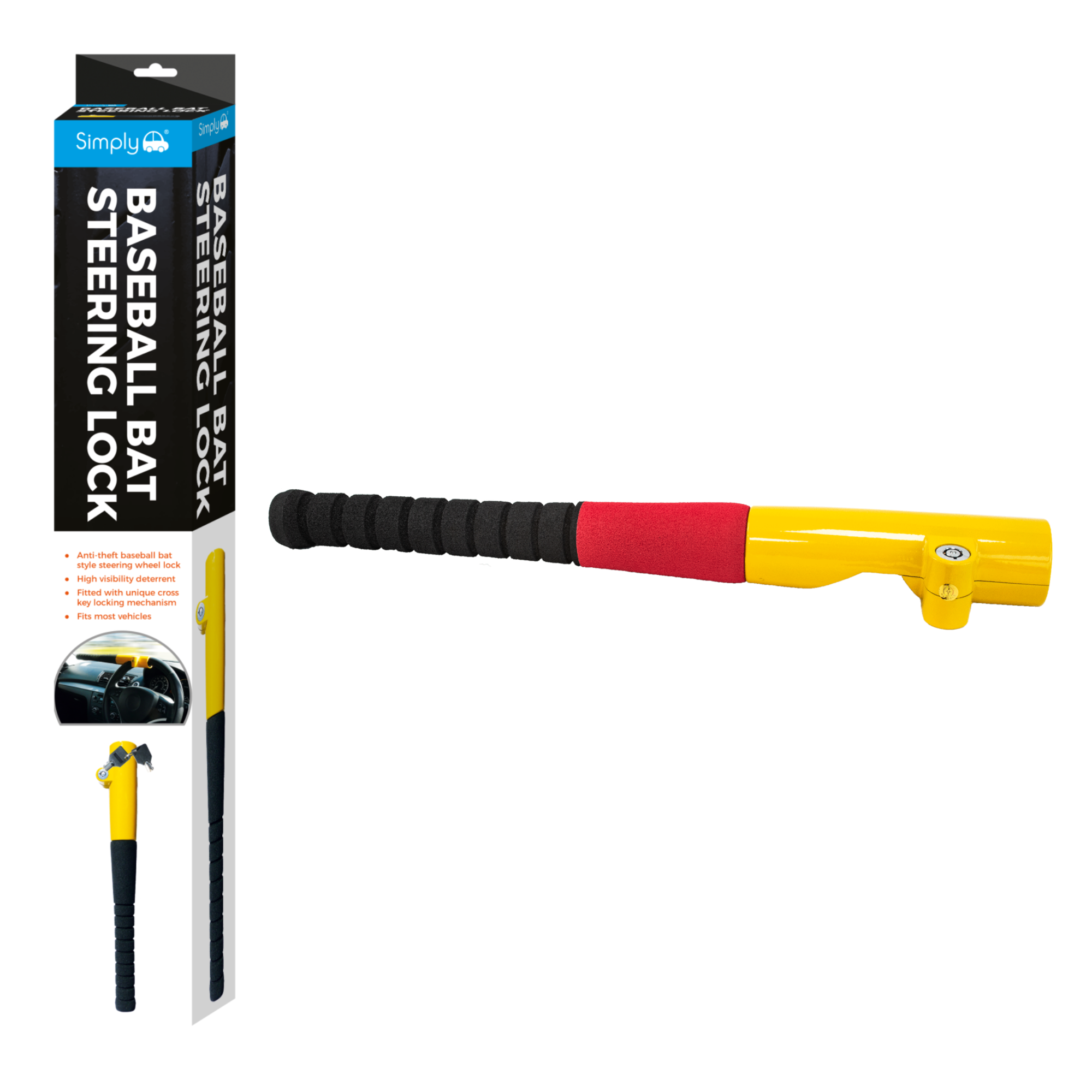 Simply Auto Baseball Steering Lock Heavy-Duty Anti-Theft Device Most Vehicles
