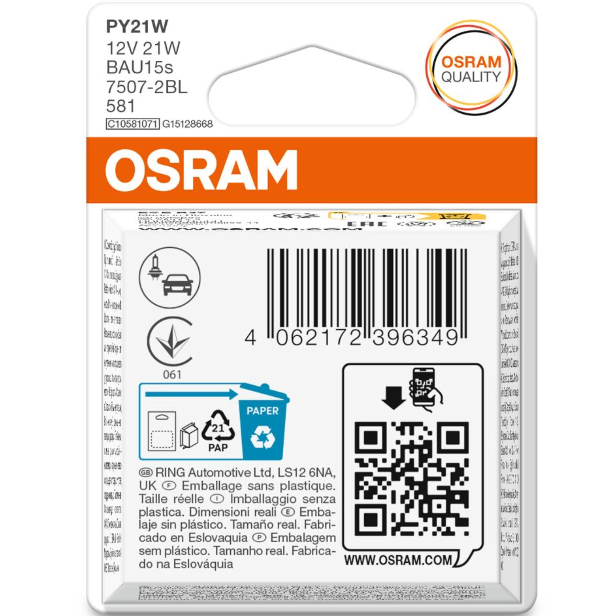 Osram 581 12v Py21w Original Amber Bayonet Bulbs Bau15s (Twin Blister)