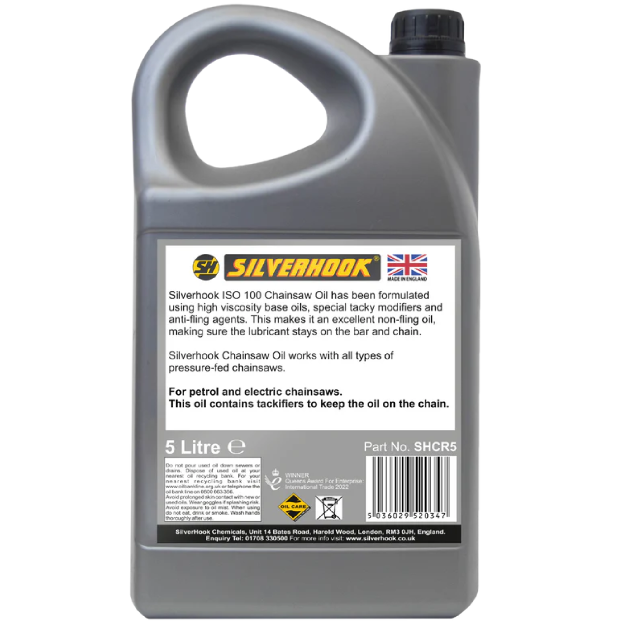 Silverhook chainsaw oil 5L, ISO 100, lubricates and protects chainsaw bars and chains.