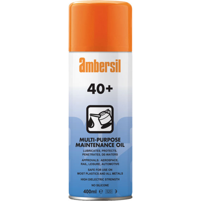 Ambersil 40+ Multi-Purpose Protective Lubricant in a 400ml aerosol can, offering corrosion protection, lubrication, and water displacement for various mechanical and industrial applications. Ideal for preventing rust, reducing friction, and providing a long-lasting protective coating on metal surfaces.