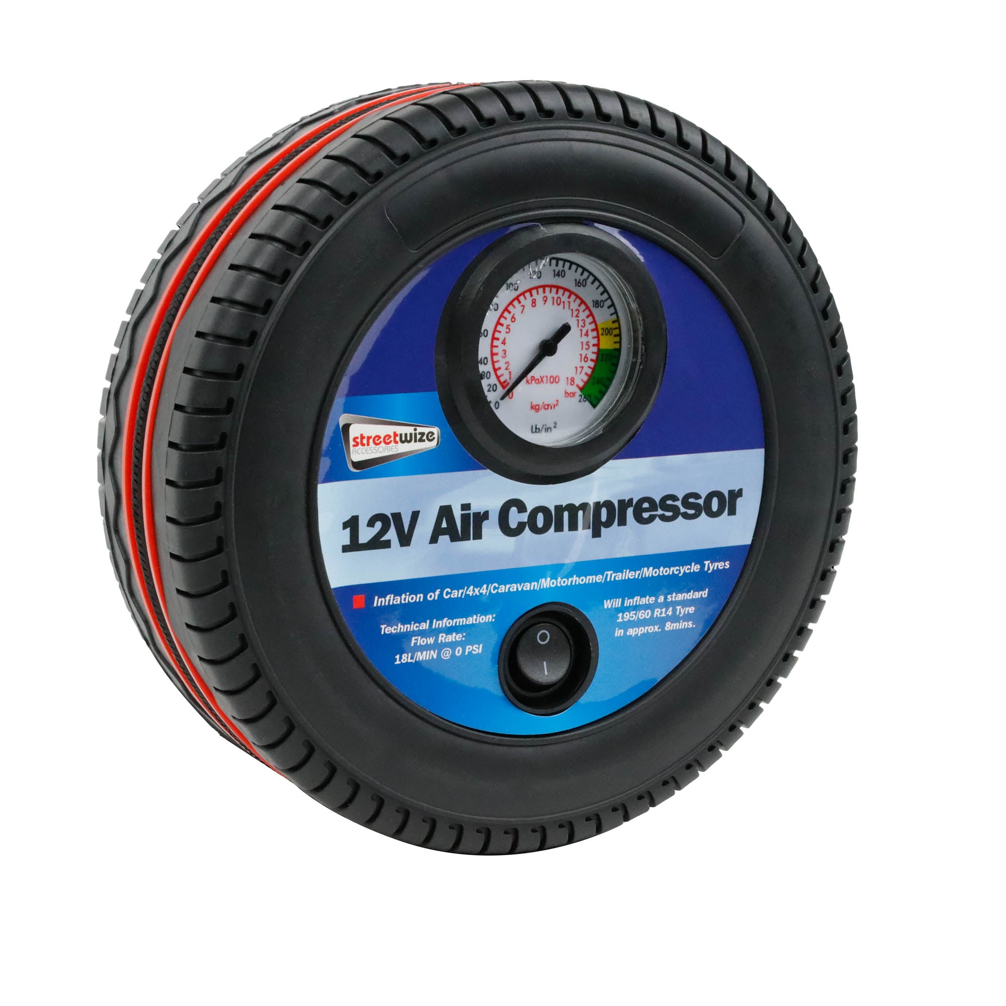 Streetwize 250PSI 12V Tyre Shape Analogue Air Compressor With Auto Shut-Off