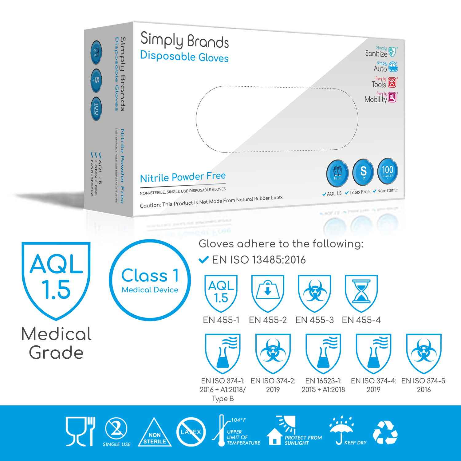 Simply Sanitize 100Pk Small Blue Nitrile Gloves