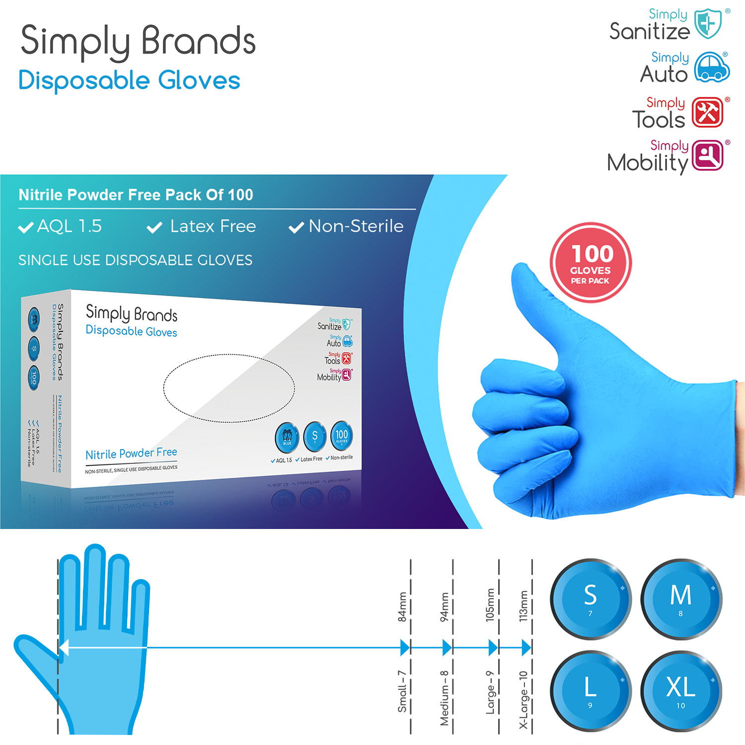Simply Sanitize 100Pk Small Blue Nitrile Gloves