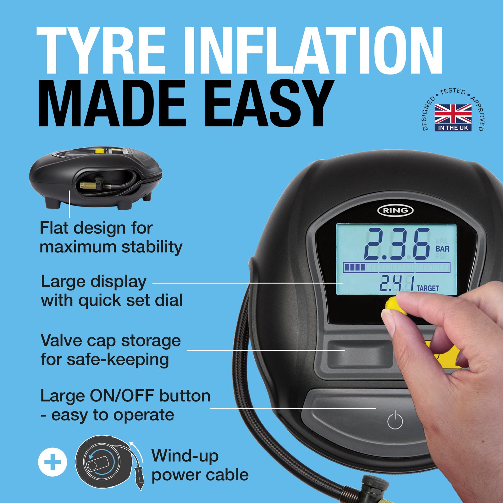 Rapid Digital Tyre Inflator With Quick Set Auto Stop (Premium)