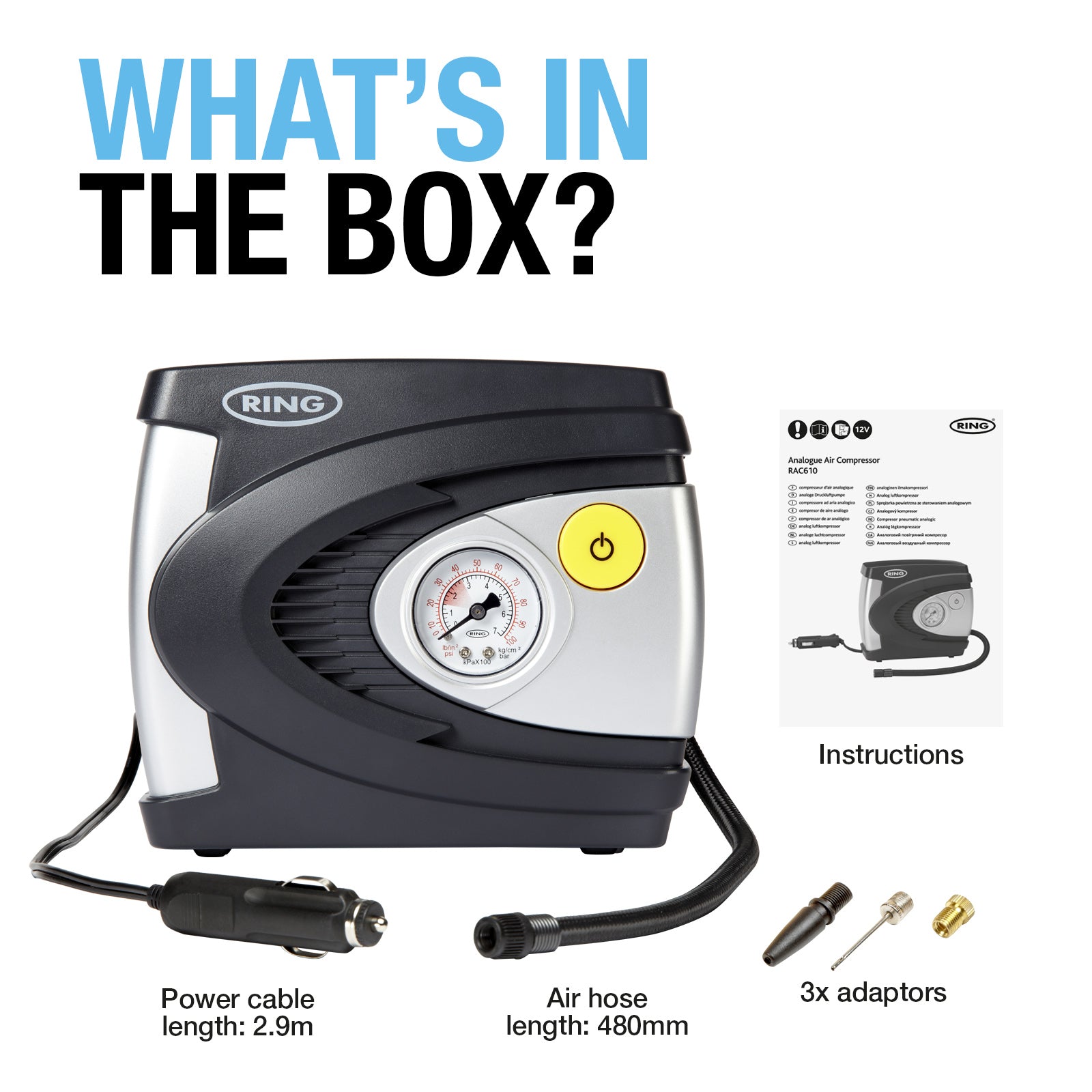 Ring RAC610 Analogue Tyre Inflator with adapters