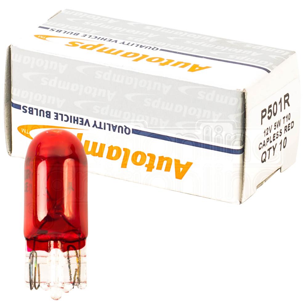 501 Red Replacement 12V W5W Side / Tail Light Wedge Bulbs (Pack of 10)