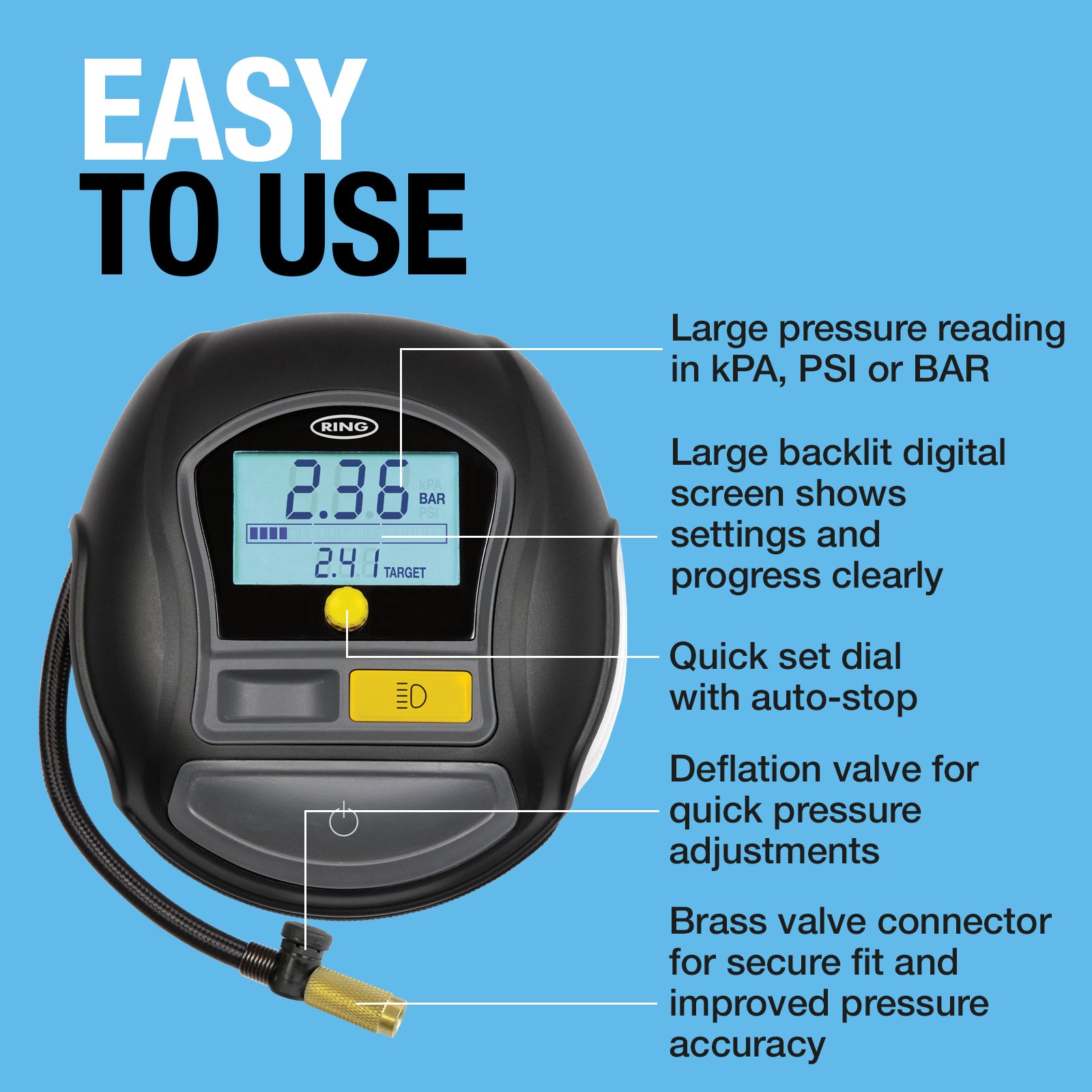 Rapid Digital Tyre Inflator With Quick Set Auto Stop (Premium)